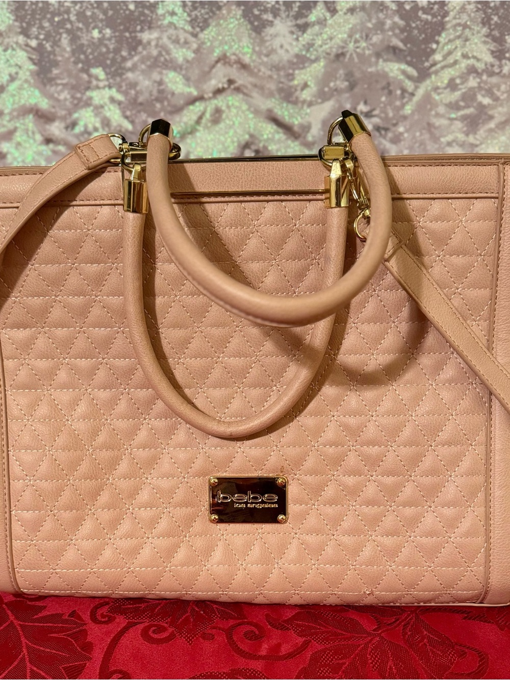 bebe Quilted Tote Handbag in Blush Pink with Gold Hardware